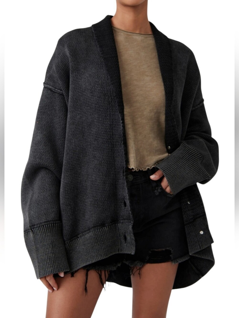 Free People Chamomile Oversized Cardigan Washed Black Charcoal Boho Sweater M